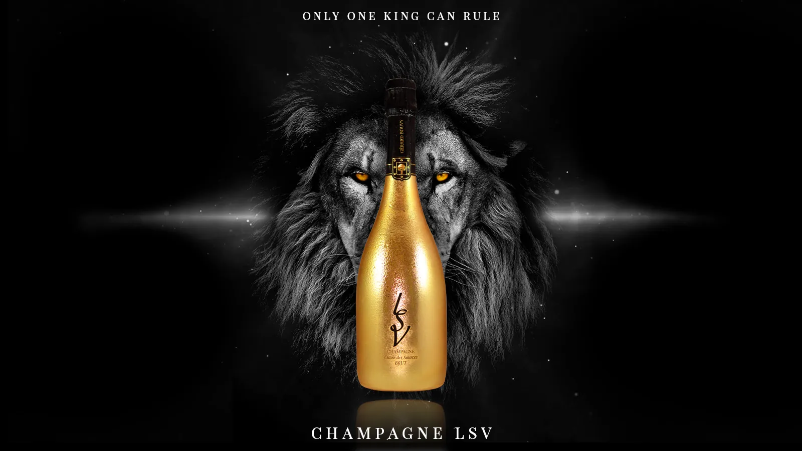 Bouteille de champagne LSV dorée devant un lion, visuel de la marque sur fond noir